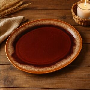 Vintage USA Brown Drip Glaze Oval Serving Platter 13x10 Stoneware Pottery Dish